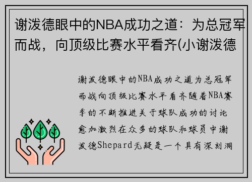 谢泼德眼中的NBA成功之道：为总冠军而战，向顶级比赛水平看齐(小谢泼德)
