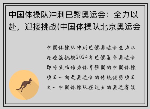 中国体操队冲刺巴黎奥运会：全力以赴，迎接挑战(中国体操队北京奥运会)