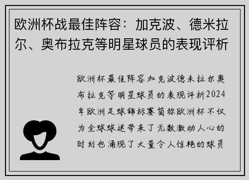 欧洲杯战最佳阵容：加克波、德米拉尔、奥布拉克等明星球员的表现评析
